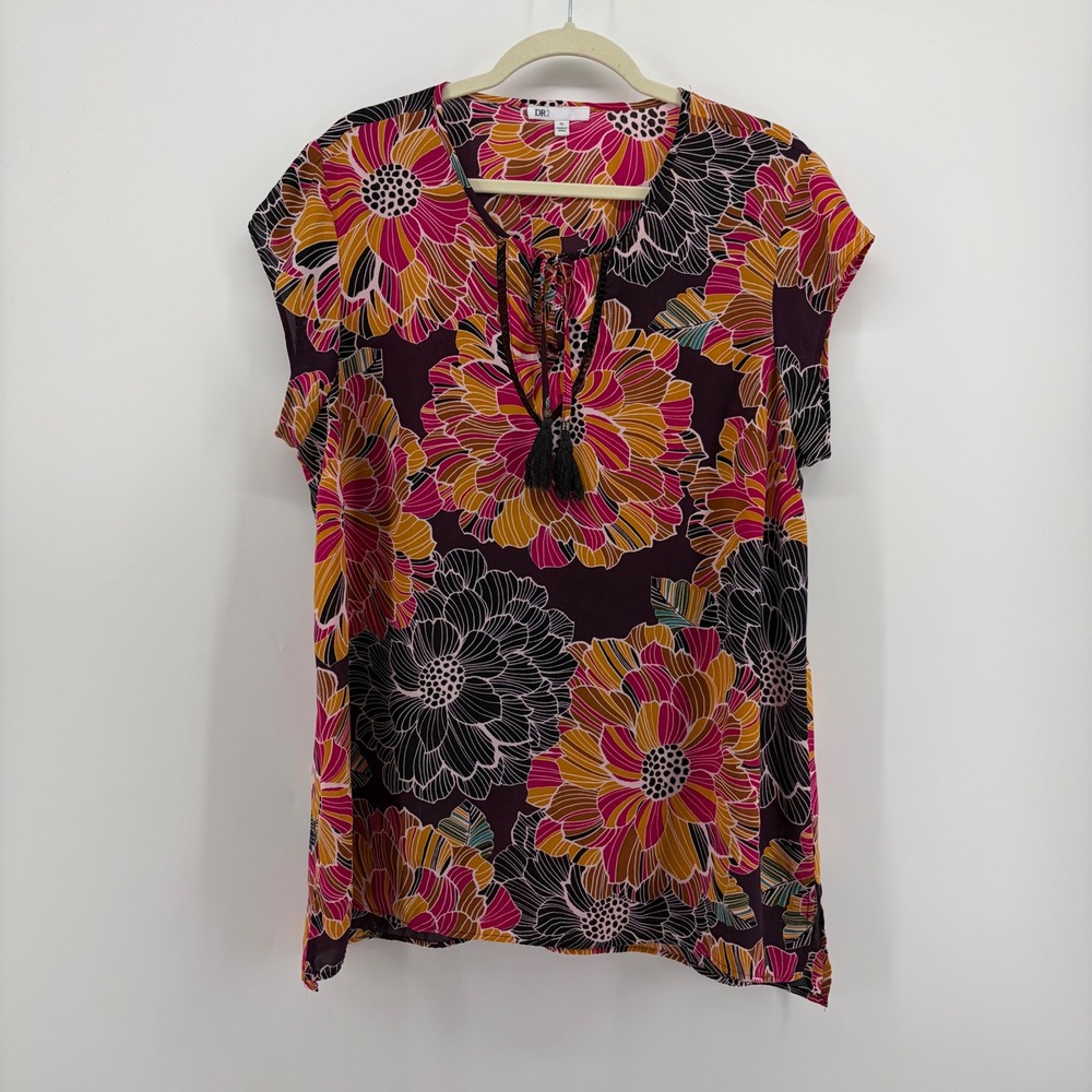 DR2 Womens XL Multicolor Floral Cap Sleeve Tassel Split Neck Blouse DR19662PR1